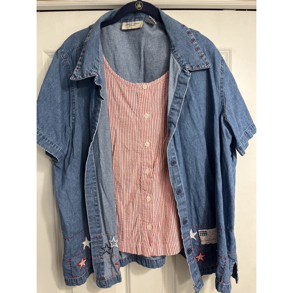 Lemon Grass Denim Button Up Shirt Blouse 22W Womens Plus Stars Stitch July 4 USA